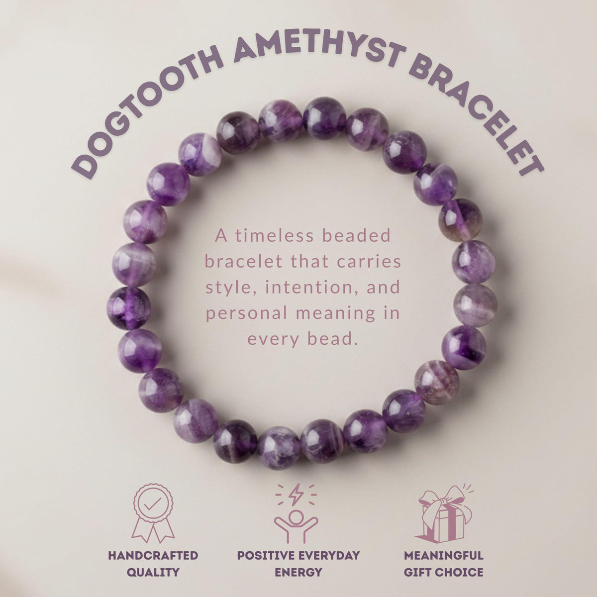 Cherry Tree Collection Dogtooth Amethyst Beaded Bracelet – Genuine 8mm Gemstone Stretch Bracelet for Men & Women – Handmade Crystal Bracelet - (Dogtooth Amethyst - S)