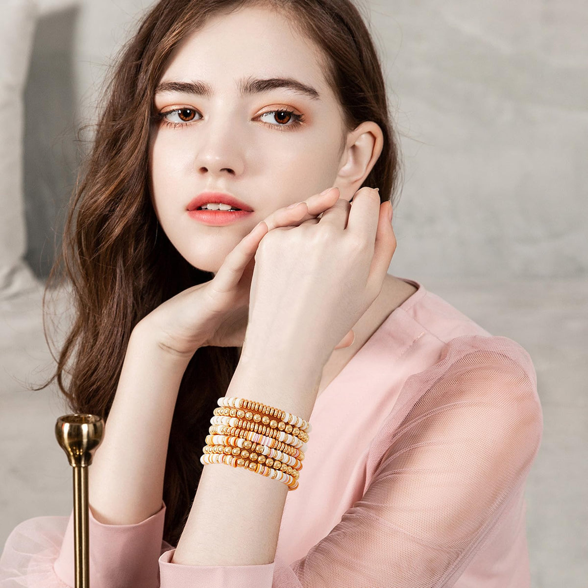 GOOJIDS Surfer Heishi Clay Bead Bracelets for Women Bohemian Stackable Gold Plated Beaded Stretch Bracelets Elastic Layering Friendship Bracelets Set Boho Jewelry