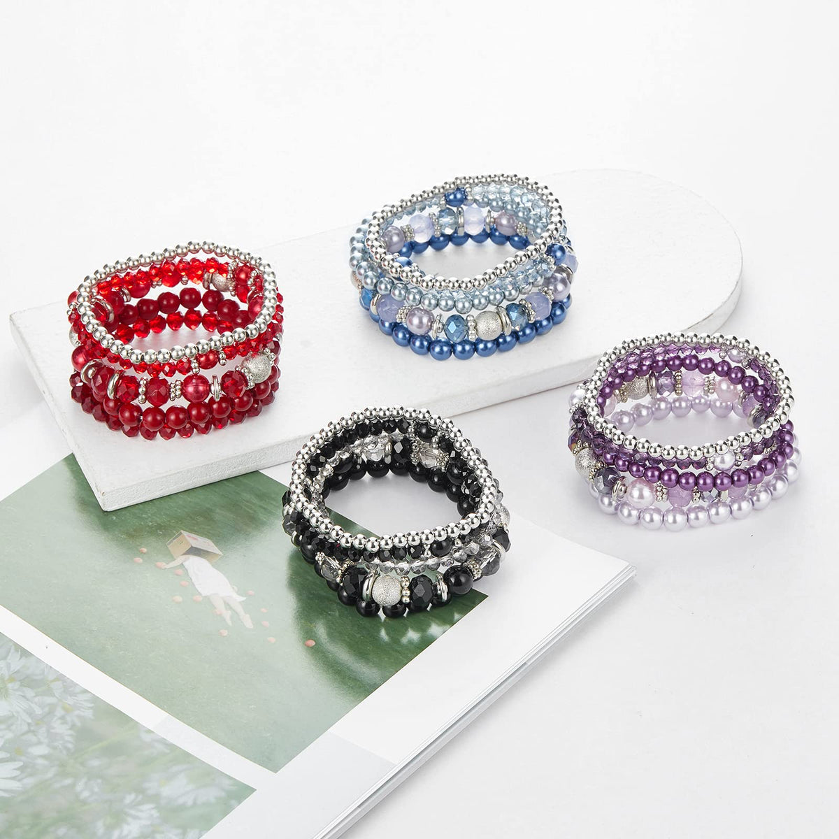 Noessla Beaded Pearl Stretch Bracelet Silver Stackable Crystal Beads Bracelets Trendy Costume Jewelry Mothers Day Gifts for Women(Red)