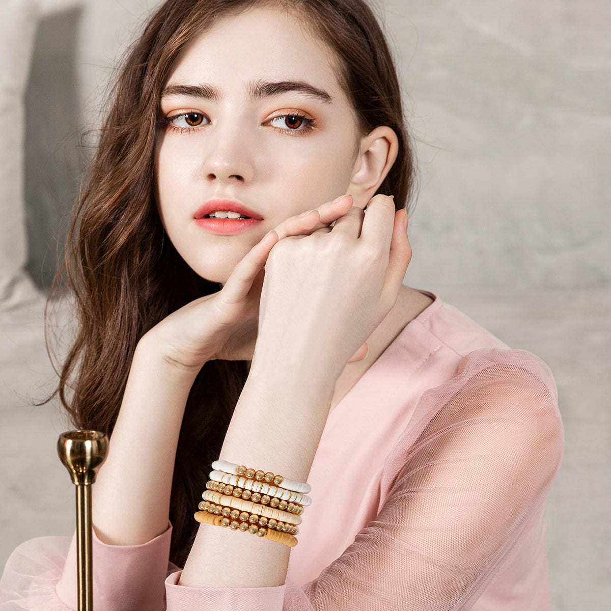 GOOJIDS Surfer Heishi Clay Bead Bracelets for Women Bohemian Stackable Gold Plated Beaded Stretch Bracelets Elastic Layering Friendship Bracelets Set Boho Jewelry