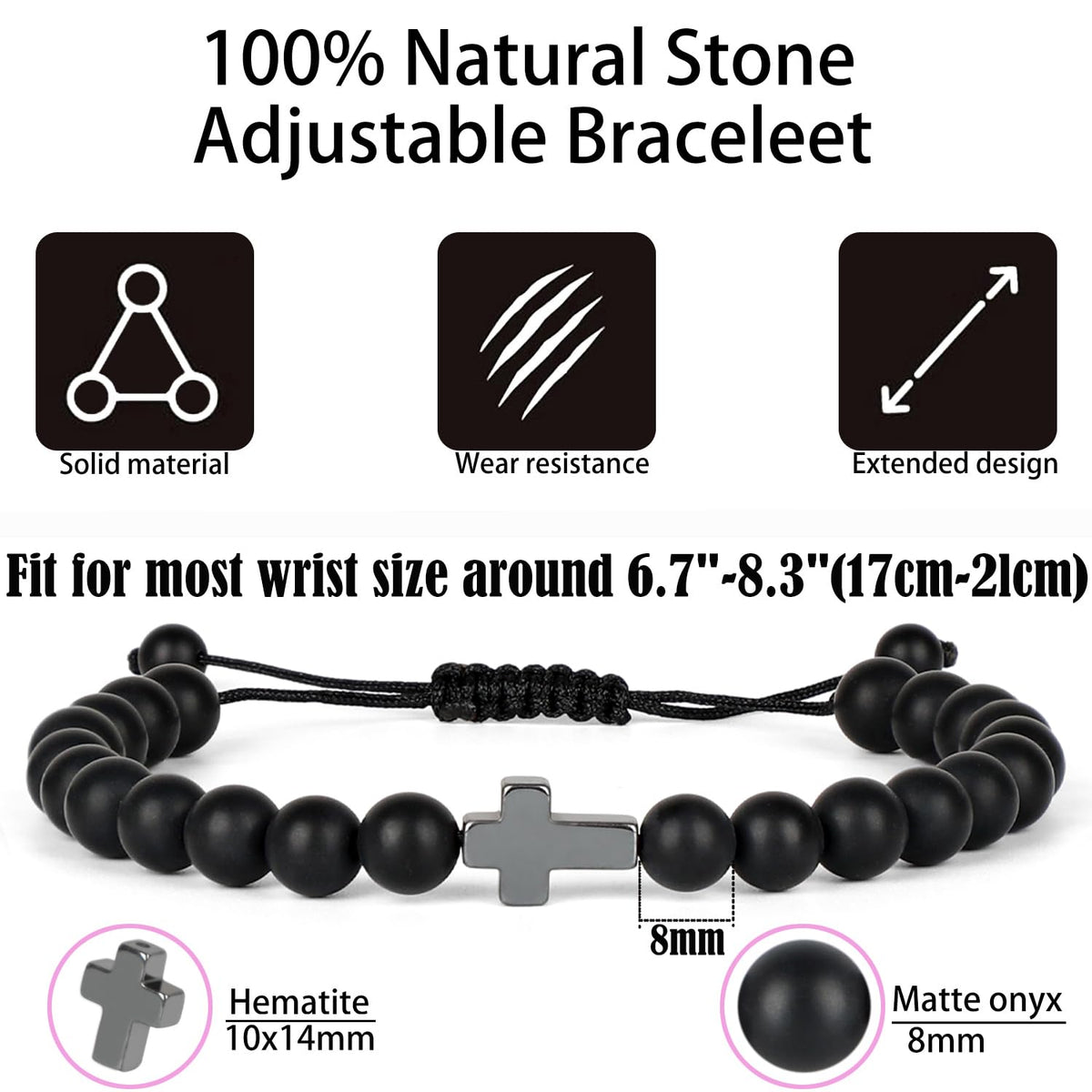 QOGIR Handmade Healing Bracelets,8mm Natural Matte Black Onyx Cross Beaded Bracelet for Men Women Gifts with 2PCS Size Adjustable Rope Bracelets