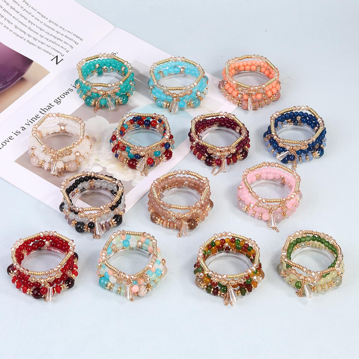 LOTSOF Bohemian Green Jade Stackable Bracelet Set - 4-Layer Stretch Beaded Bracelets with Gold Accents, Boho Jewelry for Women, Fashion Statement Accessory (Gift Ready) (Blue Mix Pink)
