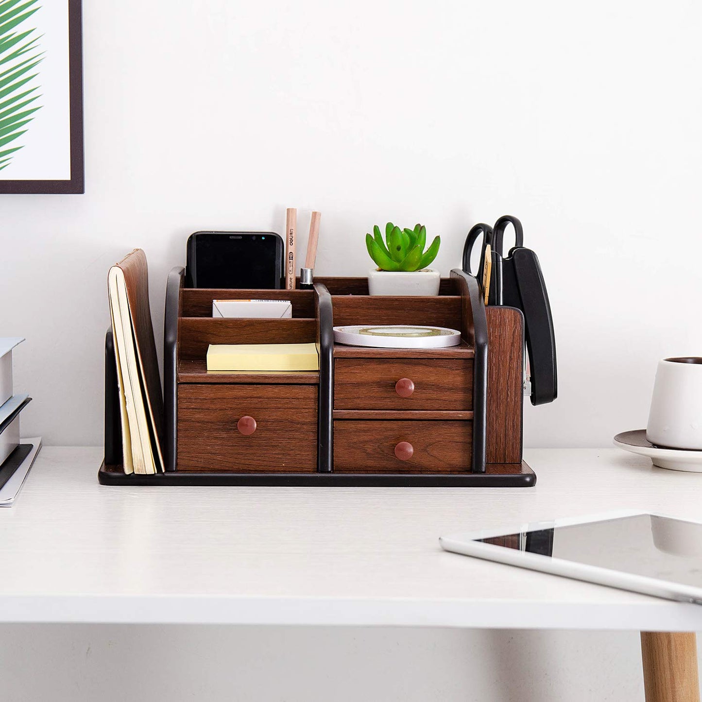 Liry Products Brown Wooden Desk Organizer Multiple Compartments 3 Drawers Slots 2 Shelves Racks Holder Office Supplies Caddy Tabletop Storage Desktop Stationery Accessory Sorter Home Kitchen