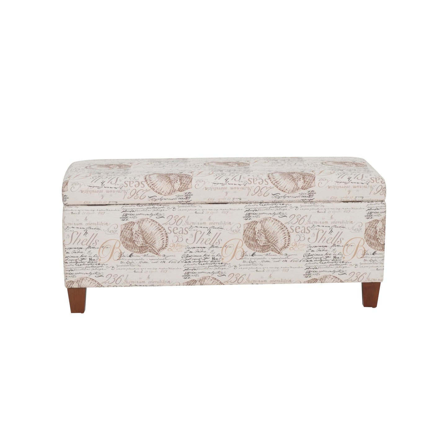 Linon Carmen Ivory and Beige Seashell Upholstered Lift Top Storage Ottoman with Wooden Feet