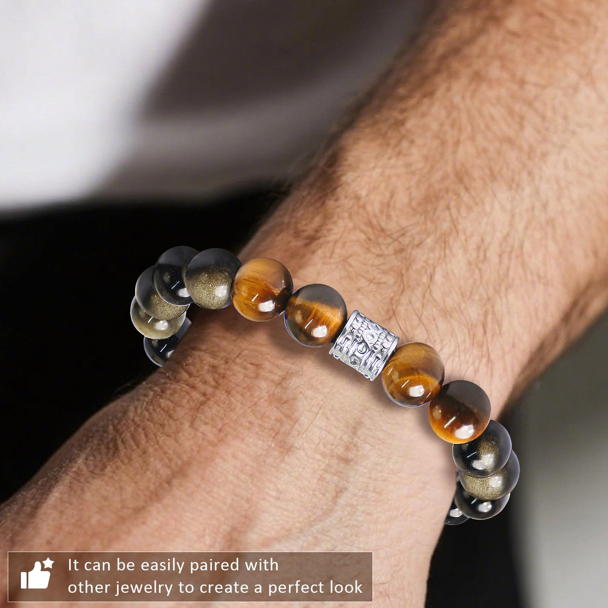 Tiger Eye Obsidian Beaded Bracelets For Men Gemstone Bracelets For Men &Women Fashion Natural Stone Men‘s Jewelry (black gold& yellow)