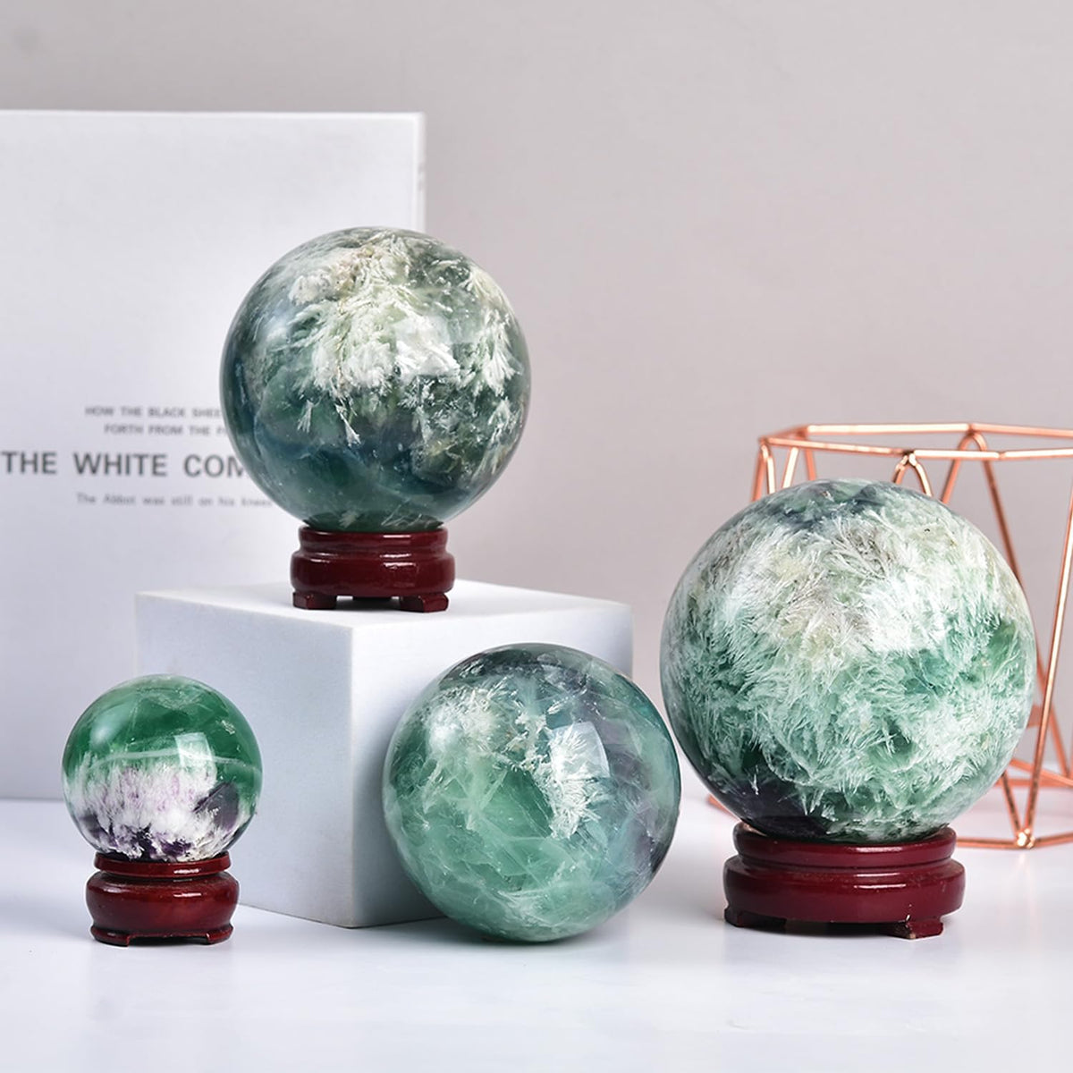 JIC Gem 3.1-3.5 inch(80-90mm) Large Crystal Ball Feather Fluorite Healing Crystals Sphere with Wooden Stand Meditation Home Decor