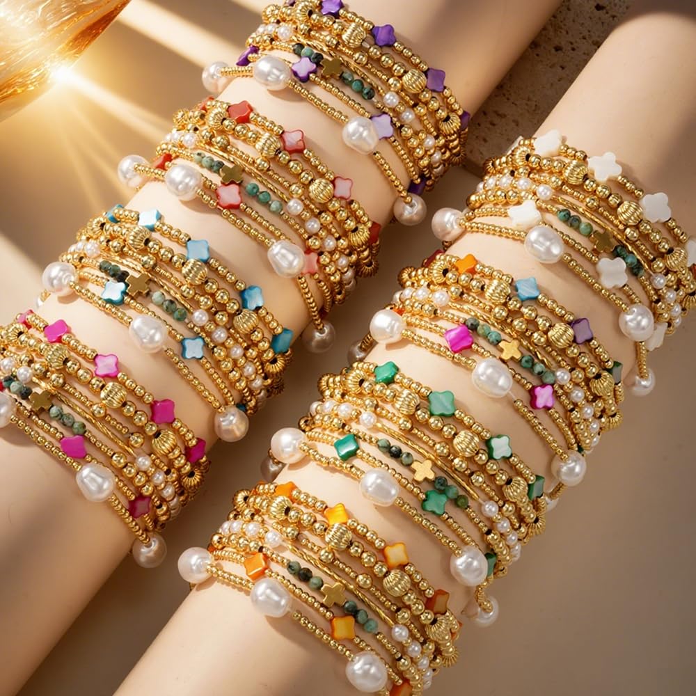 SHINUS BOHO St Patricks Day Bracelets for Women,Gold Bracelet Stack,Bohemian Green Clover Elastic Pearl Stackable Stretch Bracelet Set Fashion Festival Theme Party Saint Patricks Day Accessories Outfits Jewelry Gifts