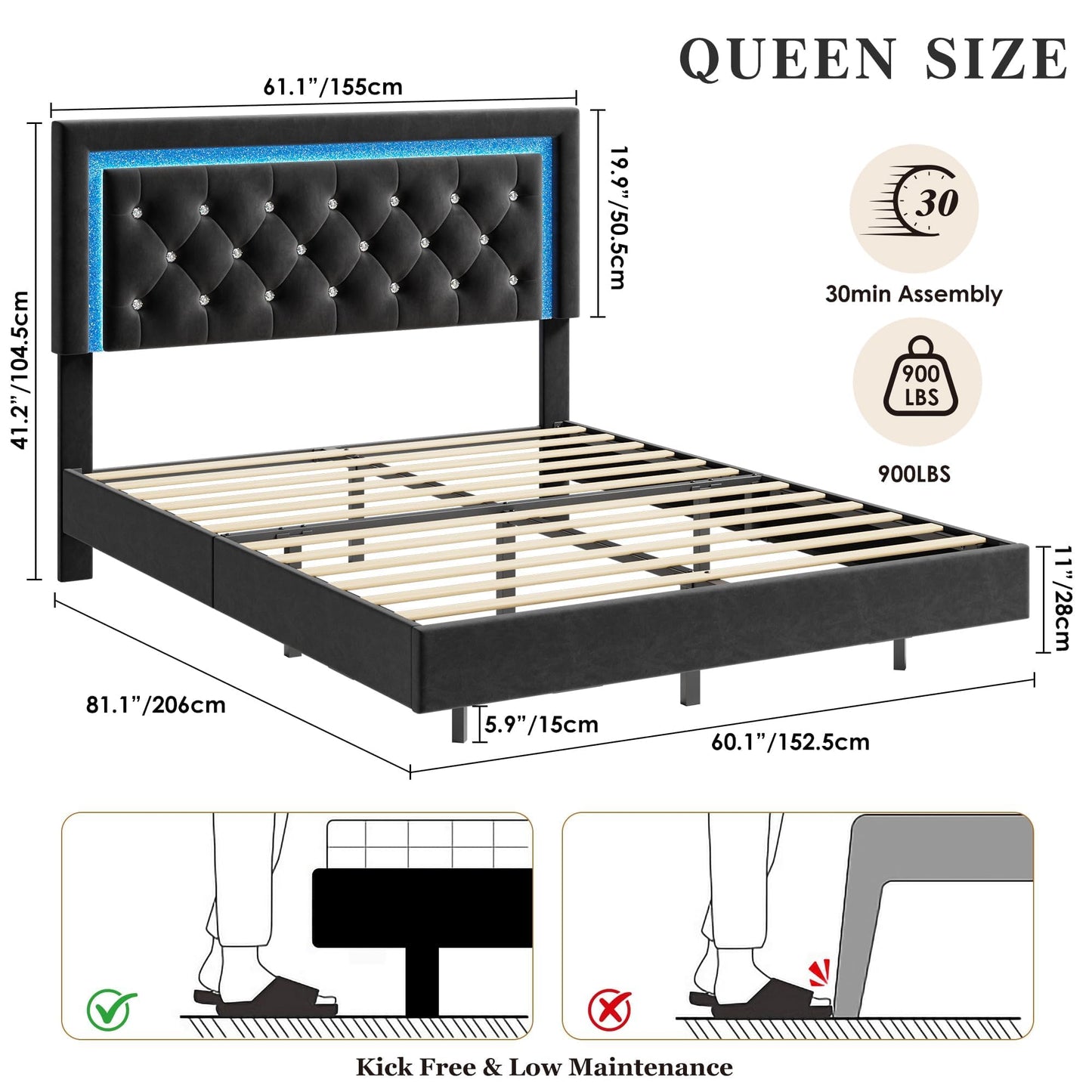 Floating Queen Platform Bed Frame with Smart LED Lights – Modern Diamond Upholstered Headboard, Noise-Free Wood Slats, Under-Bed Storage, Easy Assembly, Contemporary Bedroom Furniture,Queen Black