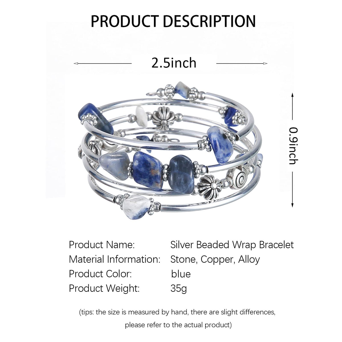 FULU AUTUMN Stone Silver Bangle Wrap Bracelet Boho Turquoise Crystal Chips Bead Bracelets Fashion Jewelry Birthday Gifts for Women(19-Blue)