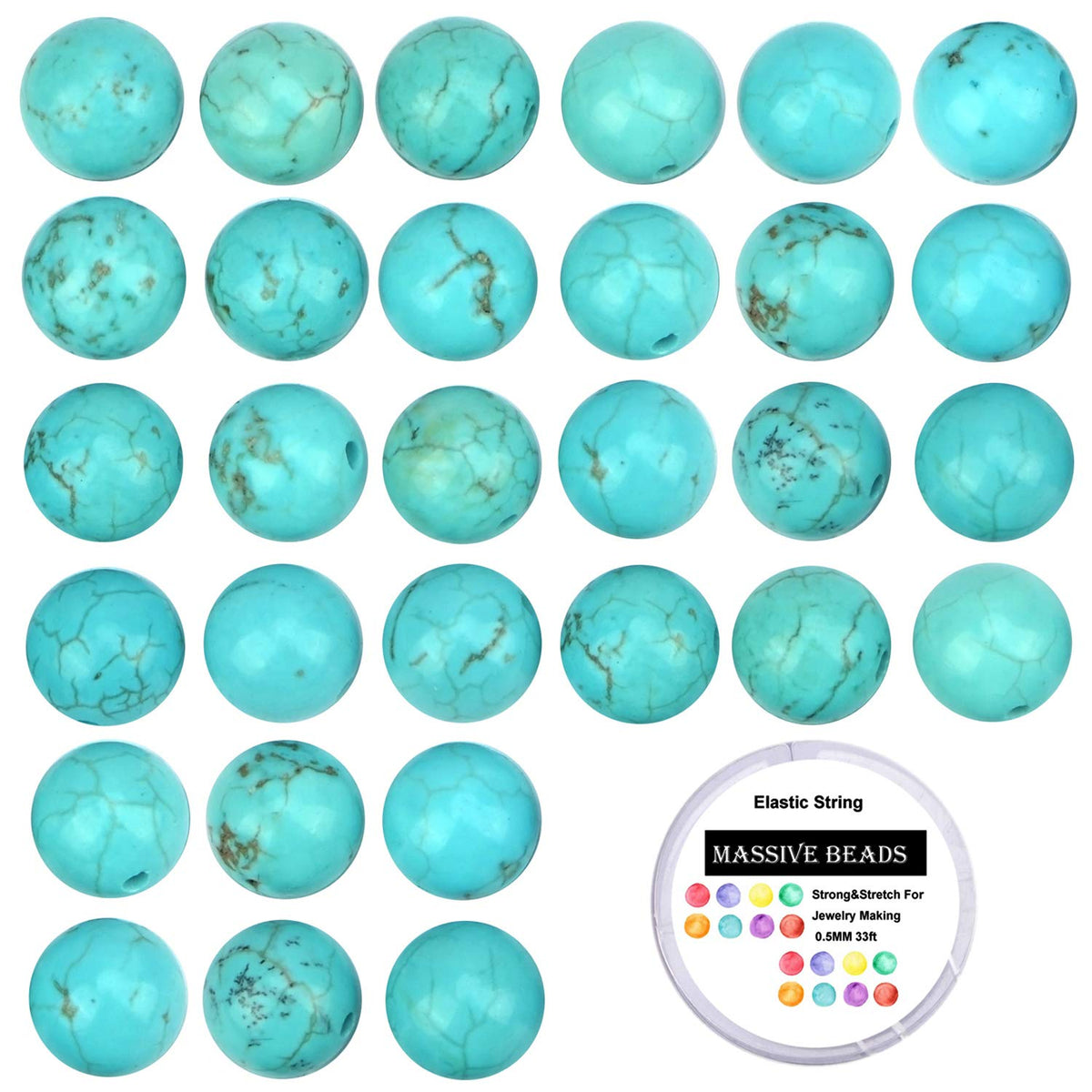 80Pcs Natural Crystal Beads Stone Gemstone Round Loose Energy Healing Beads with Free Crystal Stretch Cord for Jewelry Making (Turquoise, 10mm)