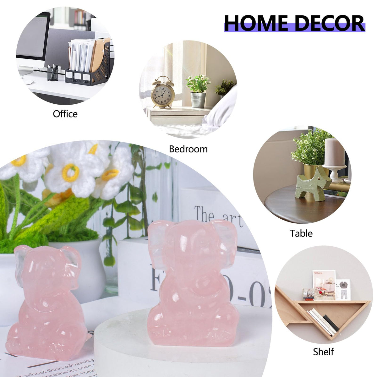 Ytbeoxk 2 Inch Crystal Elephant Decor Statues, Rose Quartz Cute Sitting Elephant Figurines, Reiki Healing Crystal Carved Animal Statues, Home Office Desk Hand Carved Decor Gifts for Women