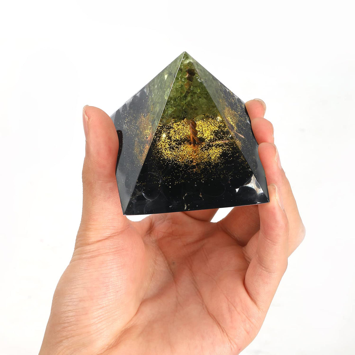 EternalOrgone Tree of Life Orgone Pyramid for Positive Energy, Orgonite Peridot&Obsidian Healing Crystal Pyramids for Reduce Stress Chakra Reiki Healing Meditation Attracts Lucky and Success