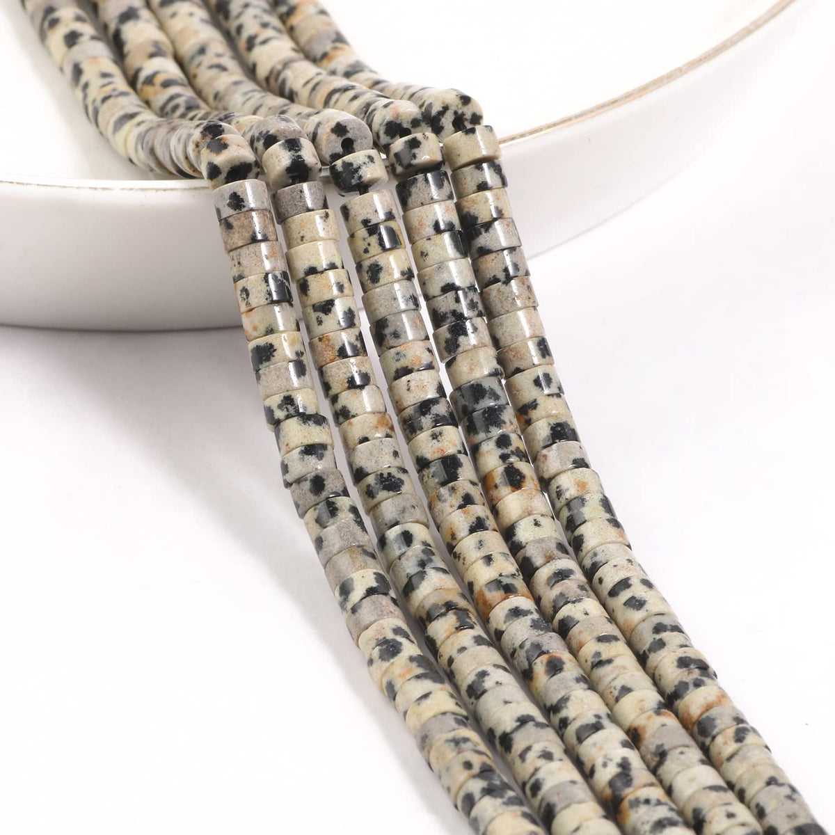 NITOPUPU 150Pcs 4×2mm Natural Dalmatian Jasper Spacer Stone Beads for Jewelry Making Supplies, Loose Semi Flat Round Gemstone Tube Beads for Bracelets DIY Crafts
