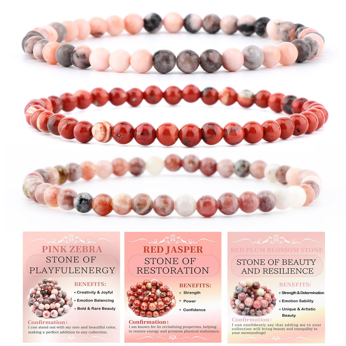 NCB 3-Piece 4mm Natural Crystal Gemstone Stretch Bracelets – Pink Zebra, Red Jasper, Red Plum Blossom Stone Handmade Reiki Energy Healing Jewelry for Meditation,Yoga, Unisex