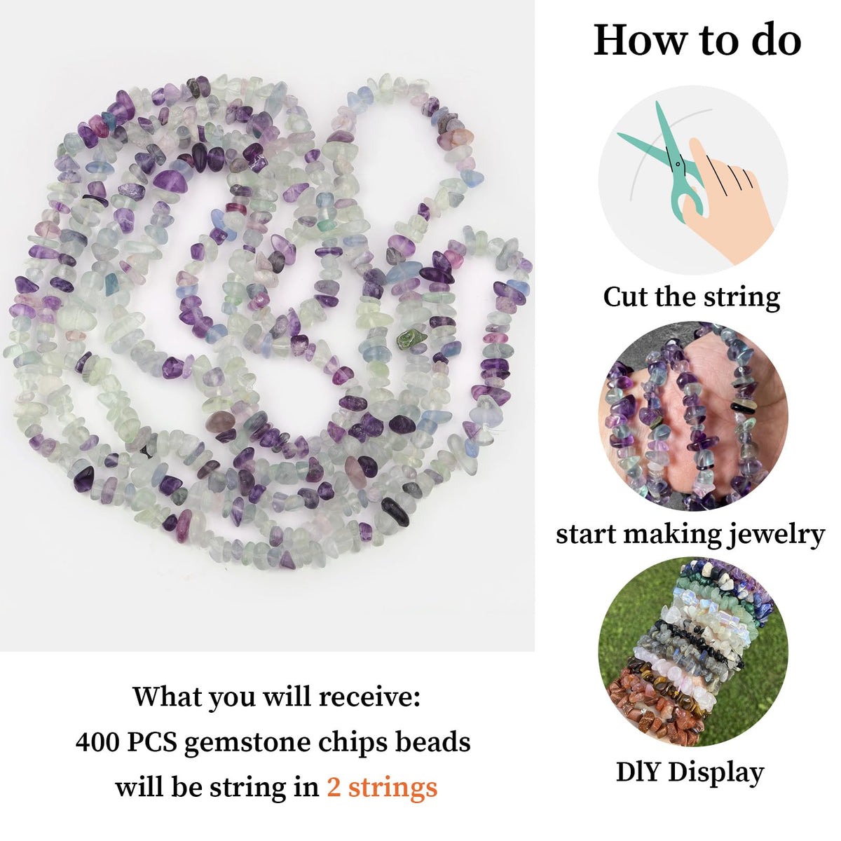 400pcs Natural Chip Stone Beads for Jewelry Making Fluorite 5-8mm Irregular Gemstones Healing Crystal Loose Rocks Bead Hole Drilled for Ring Earrings Necklace Bracelet Making DIY Art Crafts