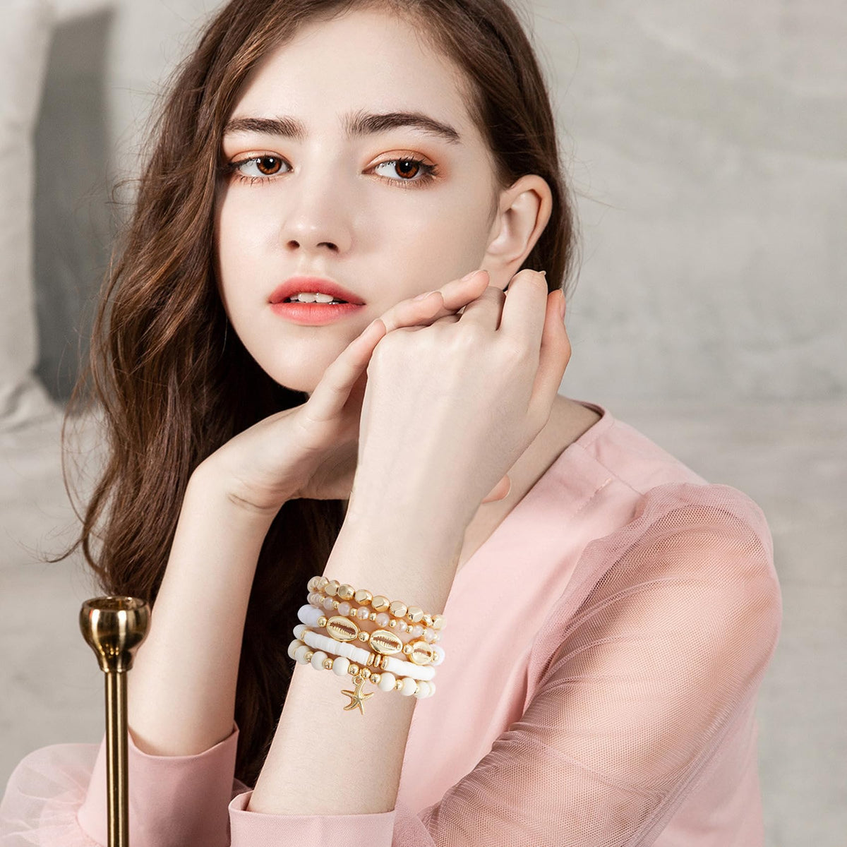 GOOJIDS Surfer Heishi Clay Bead Bracelets for Women Starfish Stackable Gold Plated Beaded Stretch Bracelets Elastic Layering Friendship Bracelets Set Jewelry