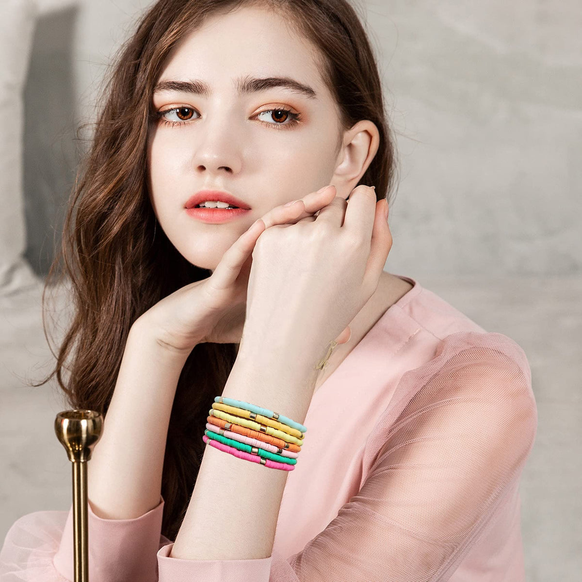 GOOJIDS Surfer Heishi Clay Bead Bracelets for Women Bohemian Stackable Gold Plated Beaded Stretch Bracelets Elastic Layering Friendship Bracelets Set Boho Jewelry