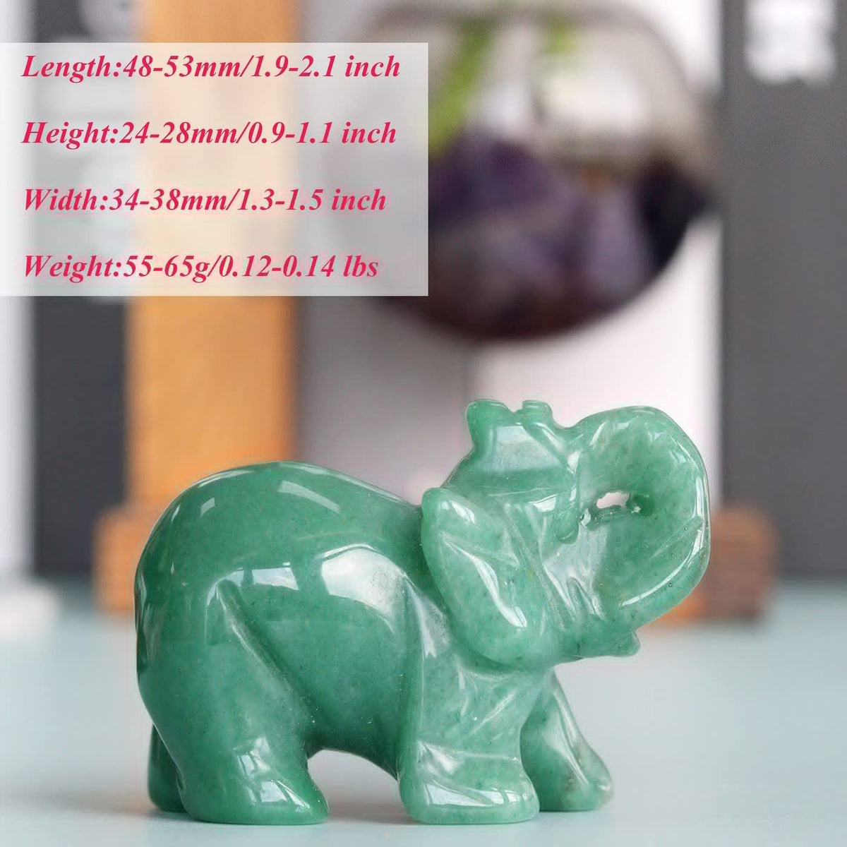 2" Green Aventurine Elephant Decor Healing Crystal Cute Polished Natural Stone Hand-Carved Sculpture Statue Figurines Gemstone Energy Hippie Home Room Office Desk Decoration Gifts for Women Men