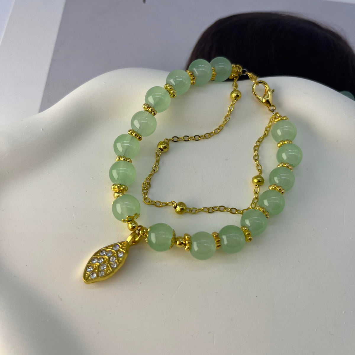 Progresssail Hetian Jade Bracelet for Women Double Layer Green Beaded Monstera Palm Leaf Bracelet Adjustable Classic Bracelet with Zircon Leaf Charm Ladies Jewelry