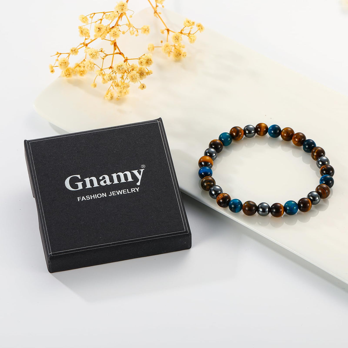 Gnamy Triple Protection Beaded Bracelet Gifts for Men, Bule Tiger Eye Hematite Bracelets Christmas Birthday Valentines Anniversary Healing Sobriety Jewelry Gifts for Husband Dad Boyfriend Brother Him