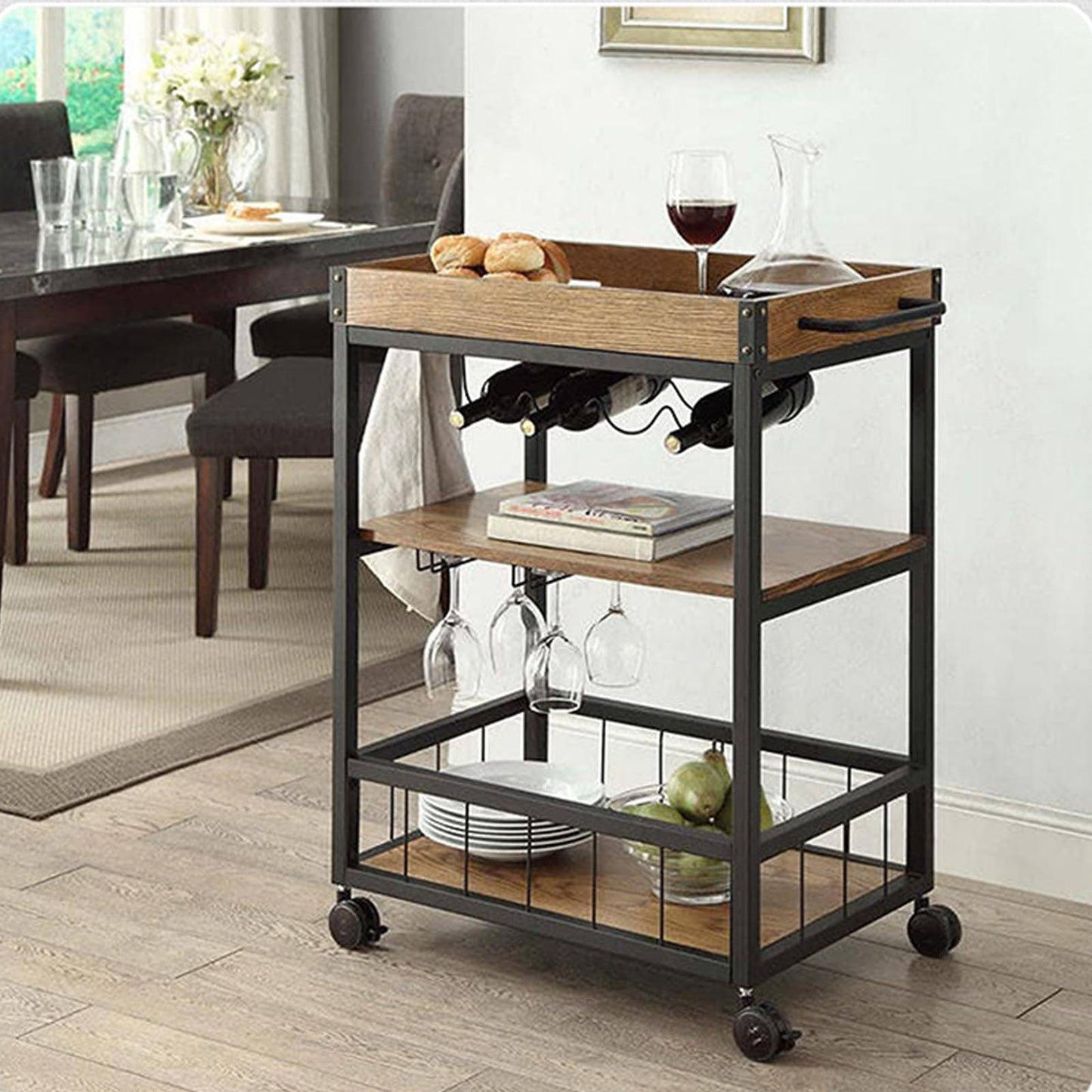 Storage Rack Serving Cart 3-Tiers Serving Trolley with Lockable Wheels & Removable Serving Tray, Rolling Bar Cart with Wine Rack & Glass Holder, for Home, Dining Room,26''Dx16''Wx35''H,Brown