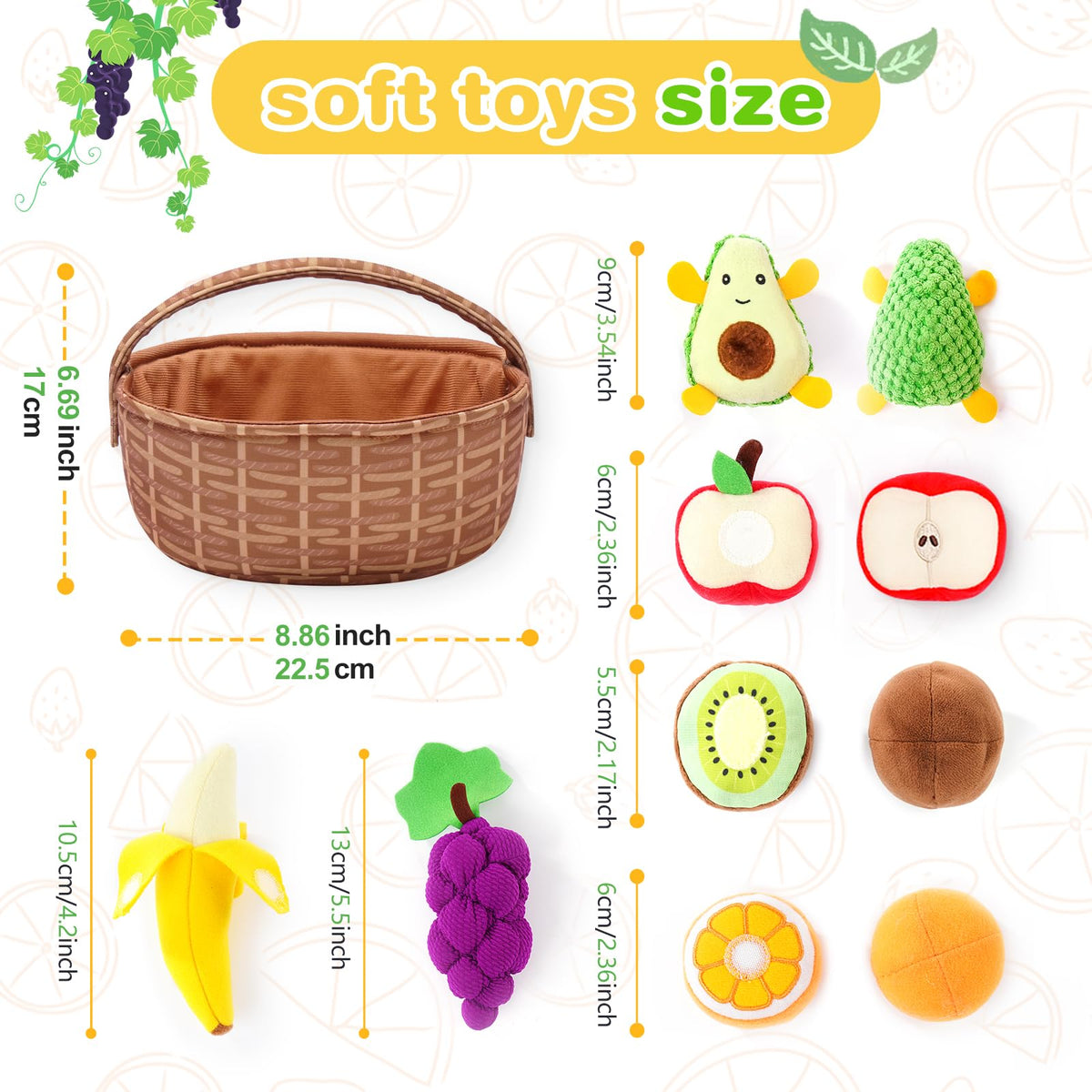 Play Food for Toddler 1-3, Plush Pretend Food Set with Sorting Fruit Basket, Baby Sensory Toys 6-12 Months, Montessori Learning Early Educational Toy for Infants, Gifts for 1 Year Old Boy Girl