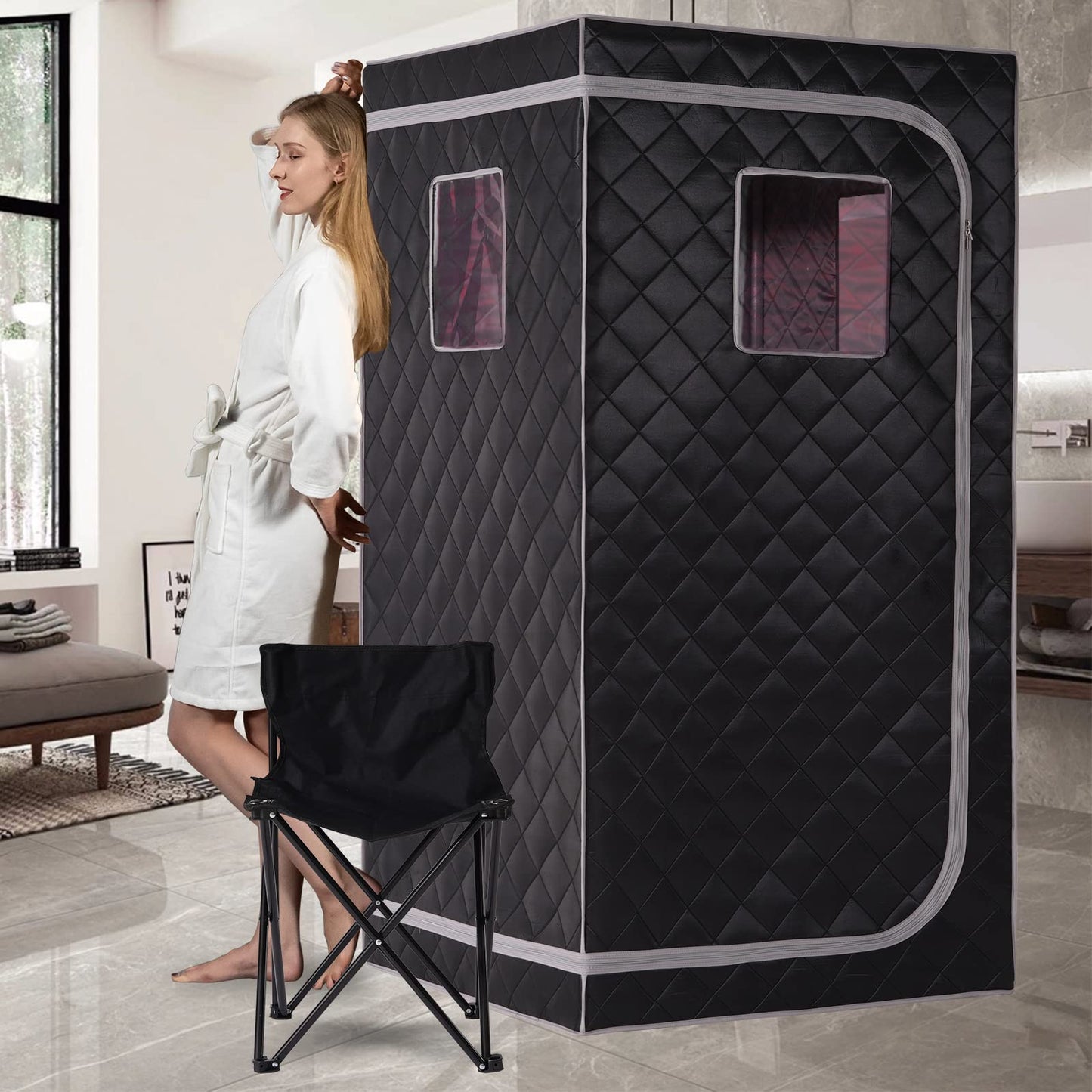 Smartmak Portable Infrared Home Sauna, Full Size Personal Sauna Spa, Indoor Saunas with Heating Foot Pad and Upgraded Chair for Relaxation(33.9" L*33.9" W*66.6" H, BlackGrey)