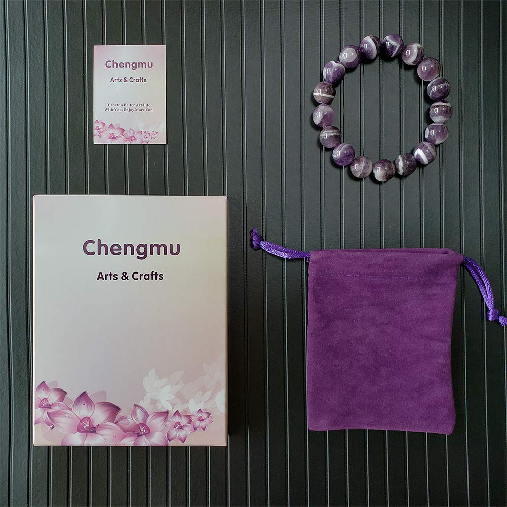 chengmu 12mm Banded Amethyst Stretch Bracelet Natural Round Beads Semi Gemstone for Crystal Elastic Beaded Bracelet 8"