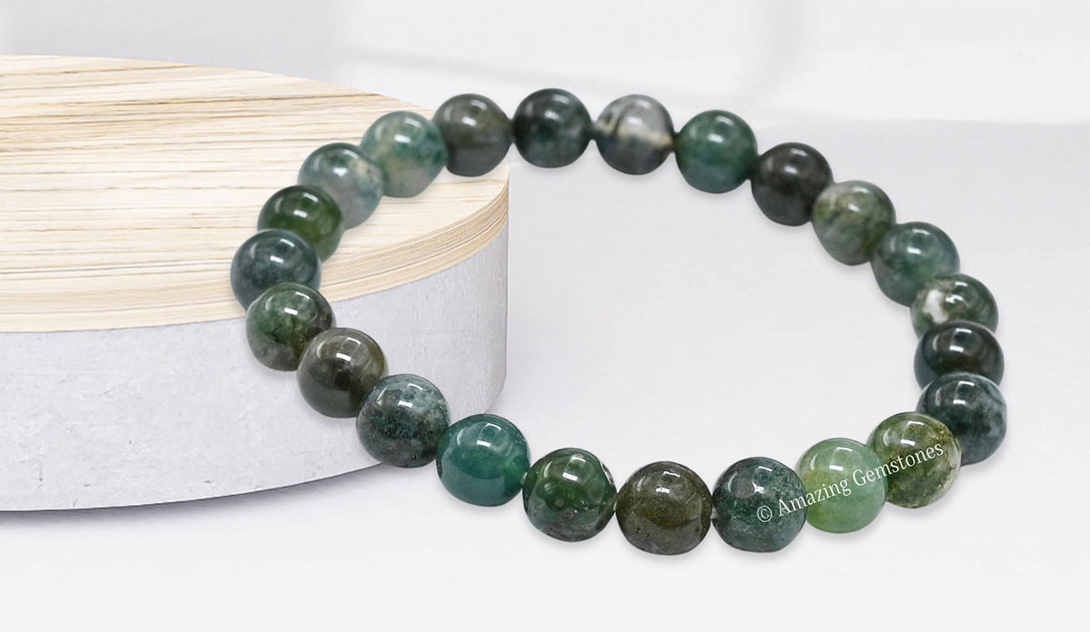 Amazing Gemstone Crystal Bracelet for Women Men's Gifts - Protection Healing Crystal Bracelet - 8mm Gemstone Beaded Stretchable Bracelet Pulseras Para Hombres Mujer Stocking Stuffers Mothers Day Gift (Moss Agate)