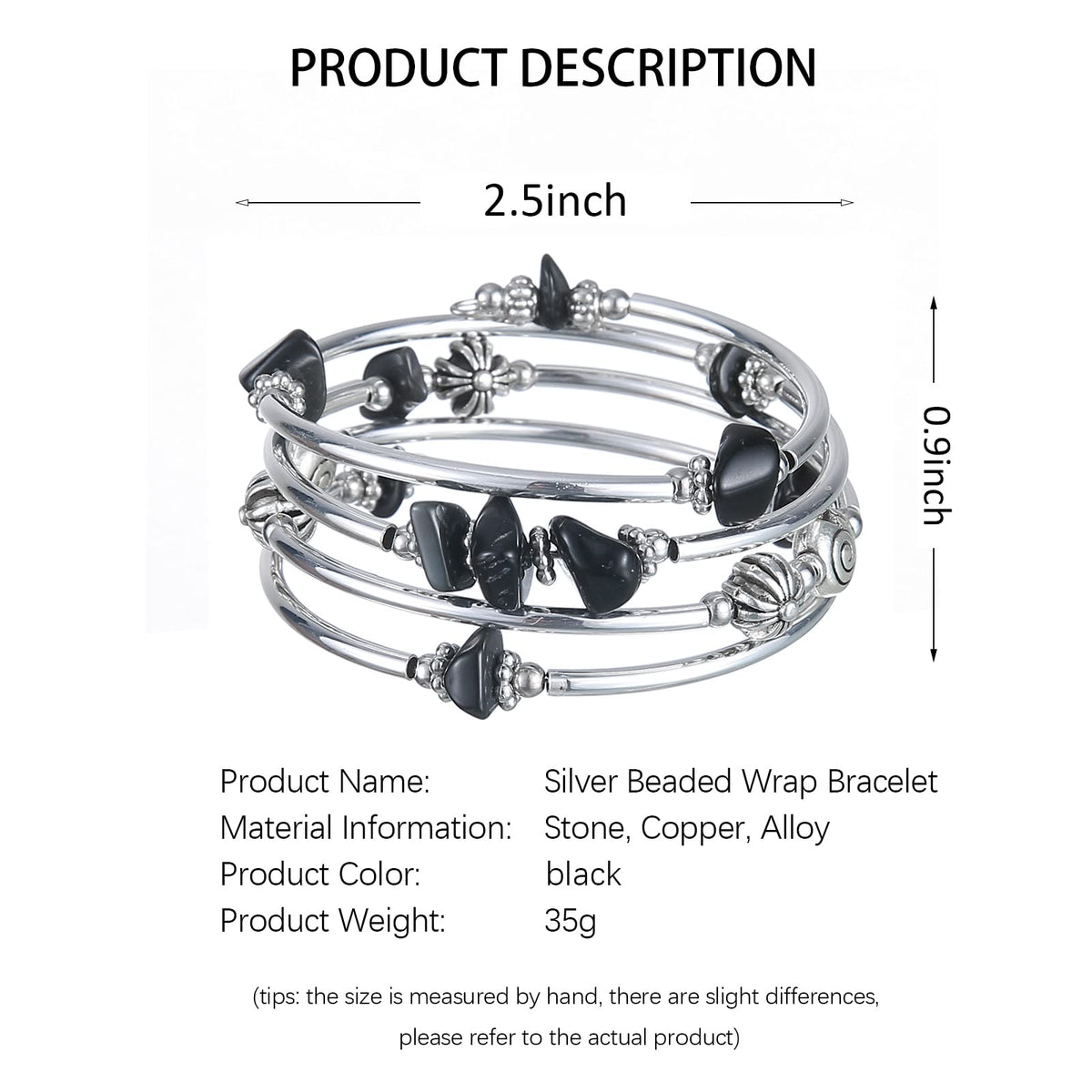 FULU AUTUMN Stone Silver Bangle Wrap Bracelet Boho Turquoise Crystal Chips Bead Bracelets Fashion Jewelry Birthday Gifts for Women(19-Black)