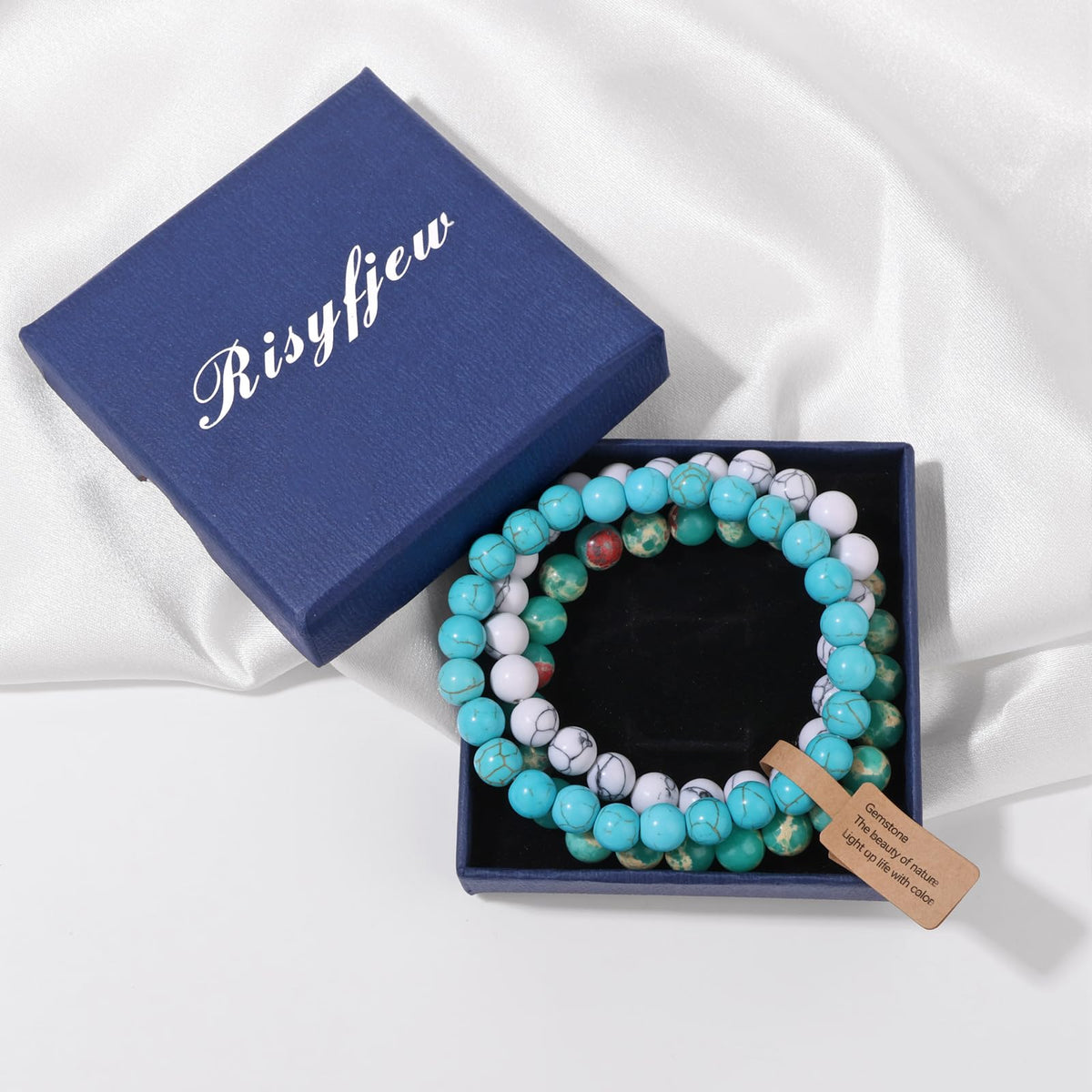 Risyfjew 3 PCS Turquoise Healing Crystal Bracelets Women 8mm Natural Stone Beaded Stretch Bracelet Turquoise Jewelry Gifts