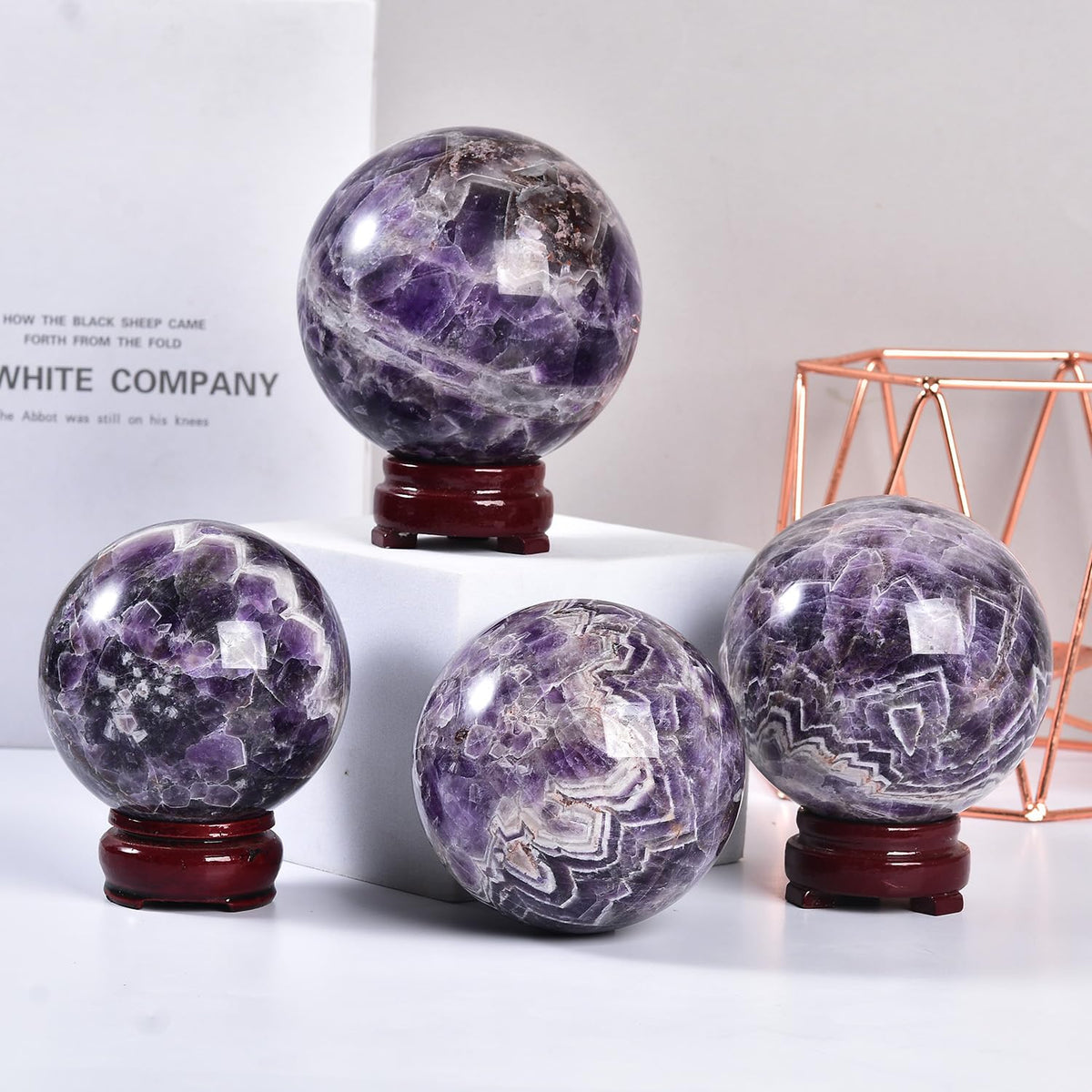 JIC Gem 2.7-3.1 inch(70-80mm) Large Chevron Amethyst Crystal Ball Healing Crystals Sphere with Wooden Stand Meditation Home Decor