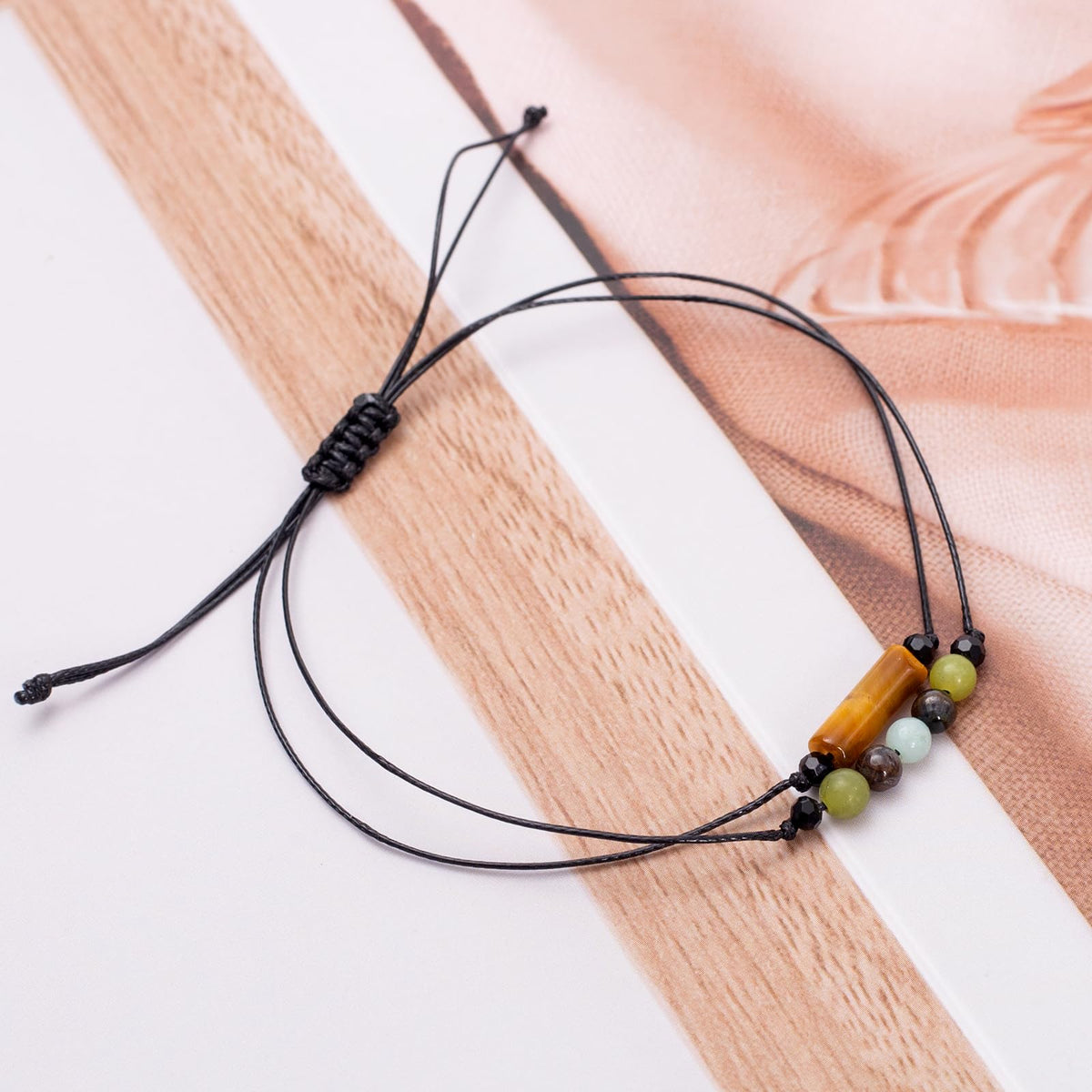 MTJAHPS Wristband Bracelet, Black, Lucky Beads, Energy Protection, for Women, Anxiety and Stress Relief, Sliding Knot, Adjustable 5-7.5 inch, Reiki Gift