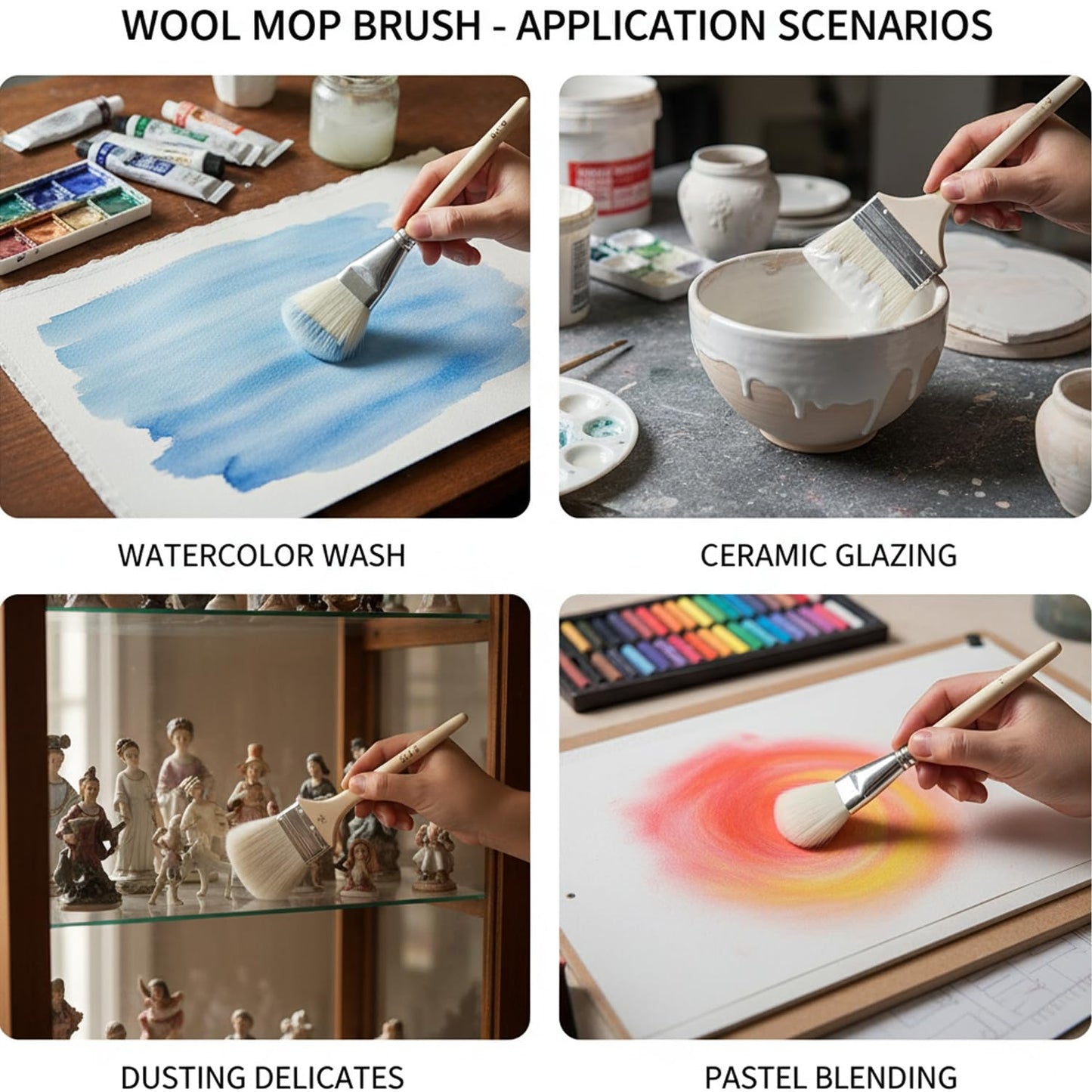 10 Pcs Pottery Glazing Brushes, Goat Hair Mop & Blending Brush Set for Ceramics, Acrylic Painting, Clay - Soft Bristle Artist Tools for Pottery Wheel, Canvas, Kiln Firing