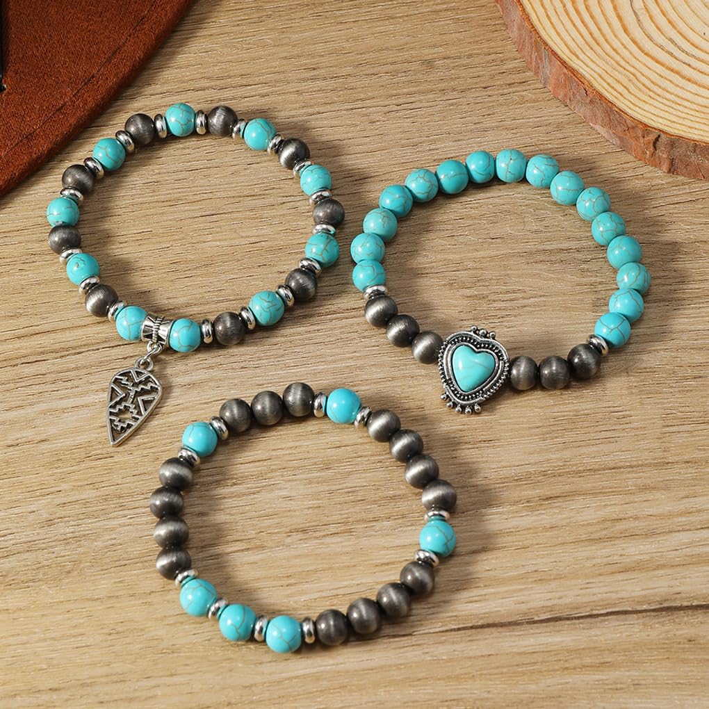 GIGB PBDK Western Cowgirl Turquoise Bracelets for Women Turquoise Beaded Stackable Bracelets Bohemian Heart Feather Bracelet Country Concert Jewelry Accessories (Teal1)