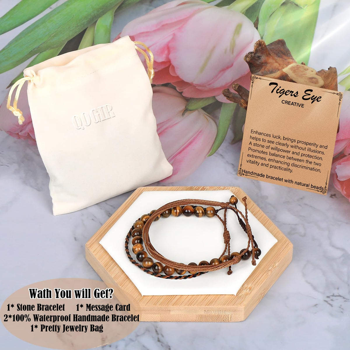 QOGIR Handmade Healing Bracelet,8mm Natural Yellow Tiger Gem Stone Beads Bracelet,for Men Women Gifts with 2PCS Size Adjustable Rope Bracelets