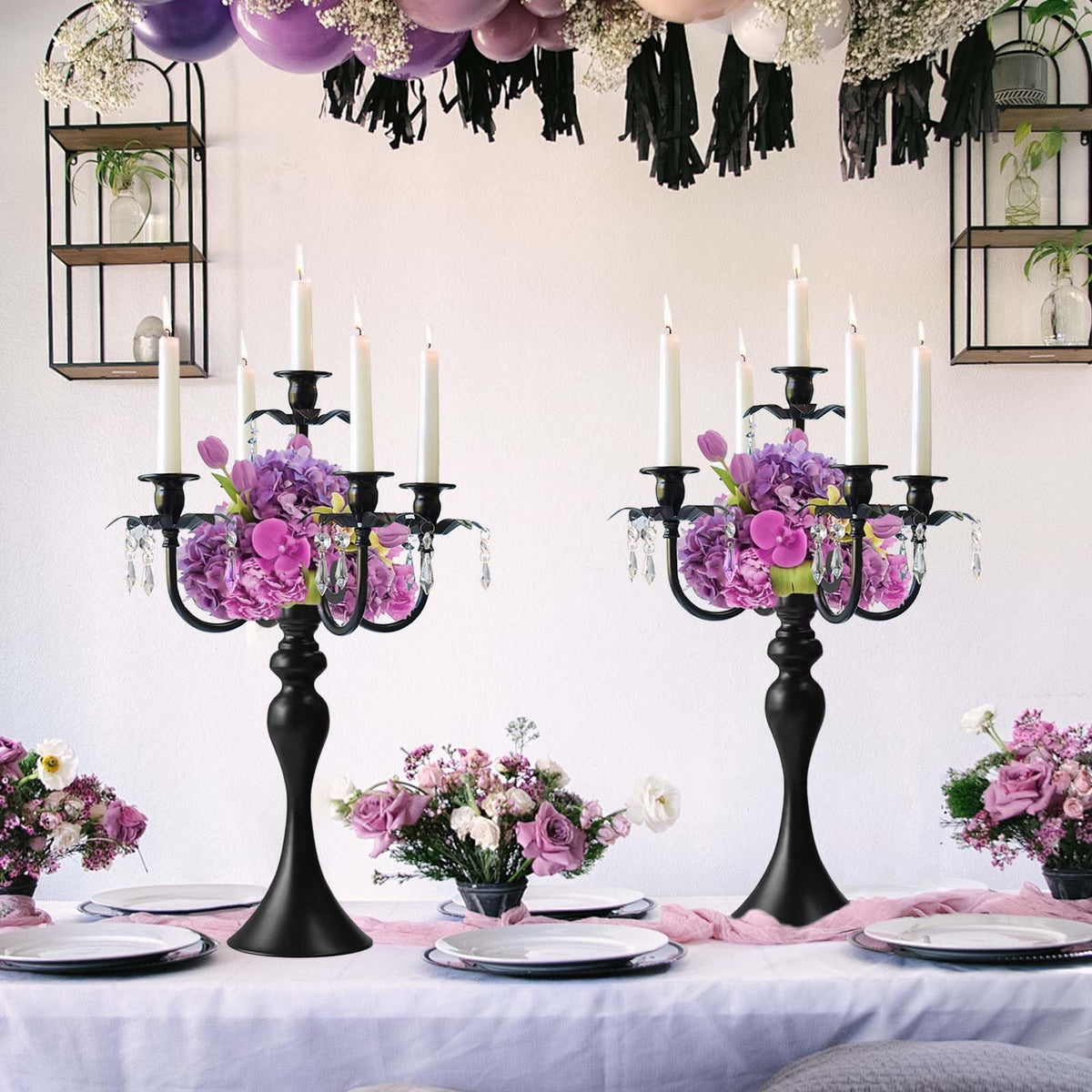 20''Tall Black Crystal Pendant Taper Candle Holders/Stylish Candle Stands/Candlesticks Holder/Candelabra for Home Decor, Weddings/Parties/Elegant Dining Table Centerpiece (1, Black)