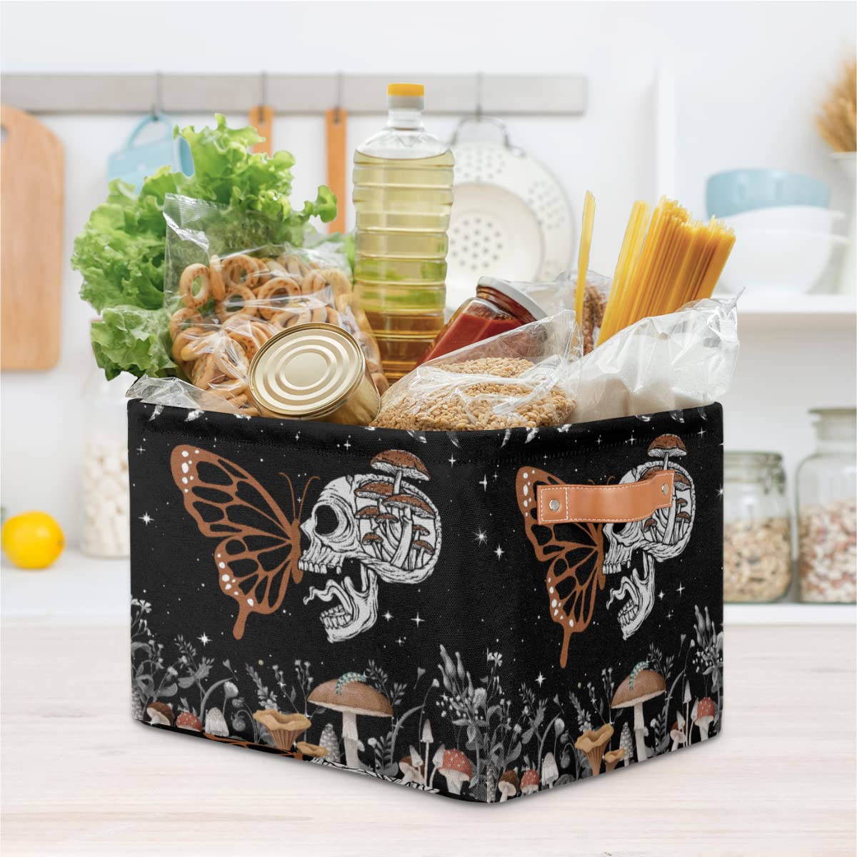 OMFUNS Skull Butterfly Storage Basket, Mushroom Star Foldable Storage Bin with Handle Fabric Rectangular Storage Box Organizer for Closet Shelf Home Office Nursery Toy Basket, 1 Pack