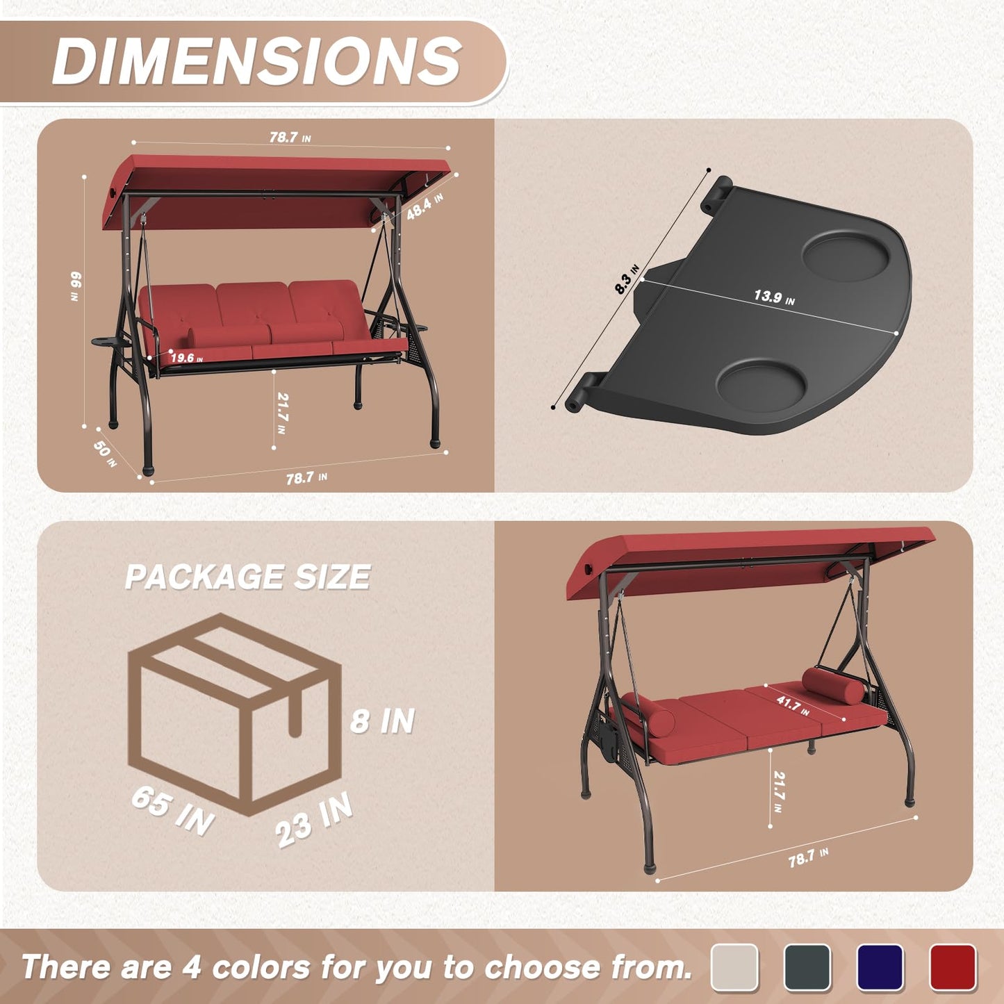Patiomore 3 Seat Outdoor Porch Swing Chair, Adjustable Canopy Swing Bench, Convertible Backrest Swing Bed with Thicken Cushions, Pillow & Cup Hold (Wine Red)