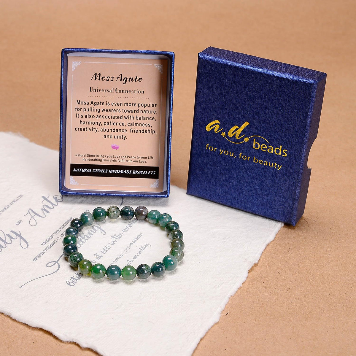 AD Beads Handmade Gemstone Stretch Elastic Bracelet Crystal Healing Reiki Nature's Beauty and Spiritual Essence Unisex (6mm, Moss Agate (Universal Connection))
