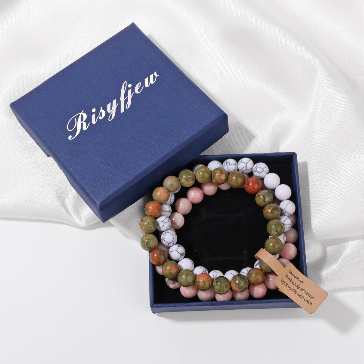 Risyfjew 3 PCS Pink Zebra Jasper Healing Crystal Bracelets Women 8mm Natural Stone Beaded Stretch Bracelet Crystal Gifts for Women