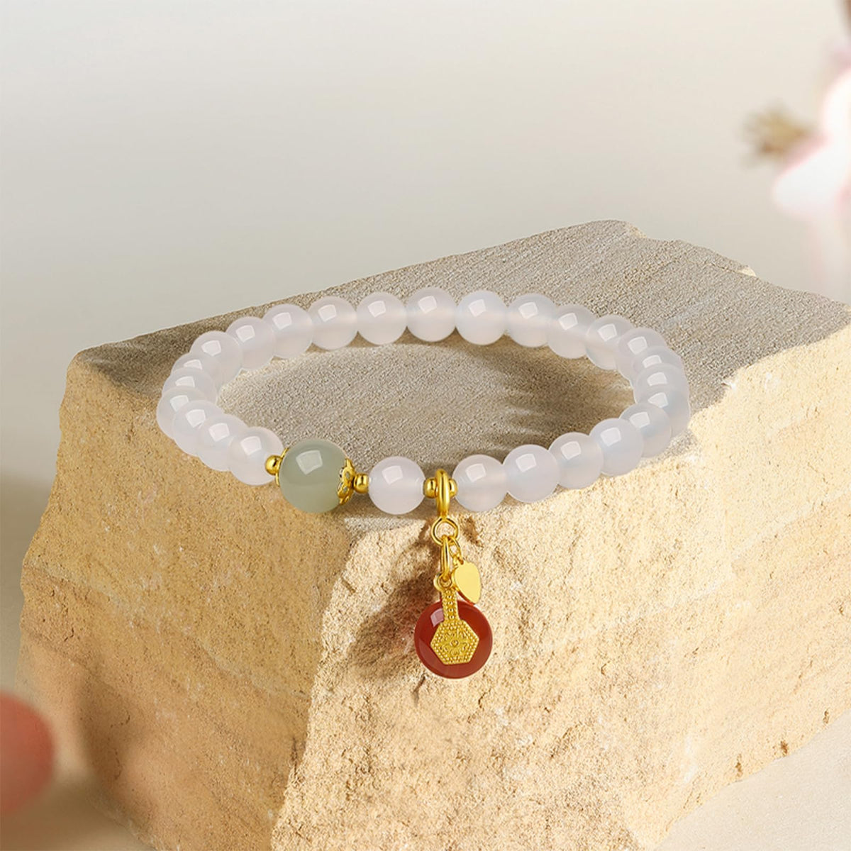 ZHOU LIU FU Bracelet for Women Green White Gemstone Red Chalcedony Stone Beaded Stretch Bracelets Lucky Accessory