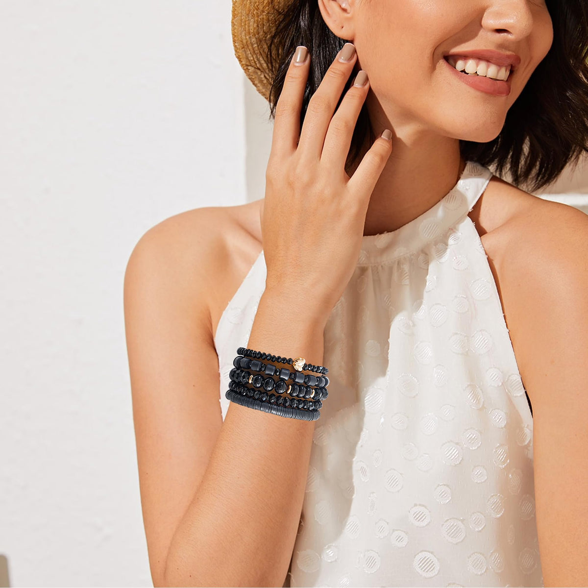 RISHEGAE Crystal Heishi Beaded Bracelet for Women Stackable Bracelet Layering Friendship Summer Stretch Bracelets for Women
