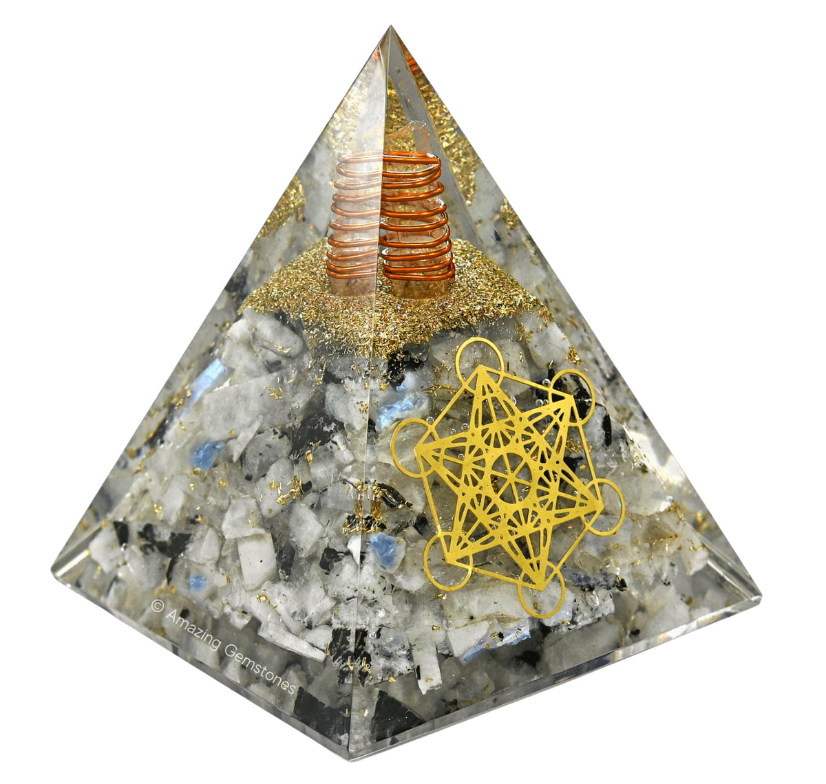 Amazing Gemstone Organite Orgone Pyramid Extra Large 105 MM - Metatron Cube Orgone Energy Pyramid with Rainbow Moonstone Crystals and Healing Stone - Orgonite Pyramids Crystals and Positive Energy