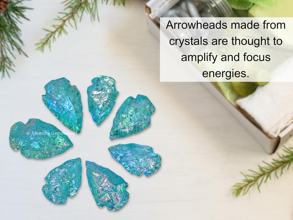 Amazing Gemstone Aqua Aura Quartz Arrowhead, Crystal and Healing Stone Flint Rock Arrow Head - 1" to 1.5" Arrowheads for DIY Project Craft Point Jewelry Making