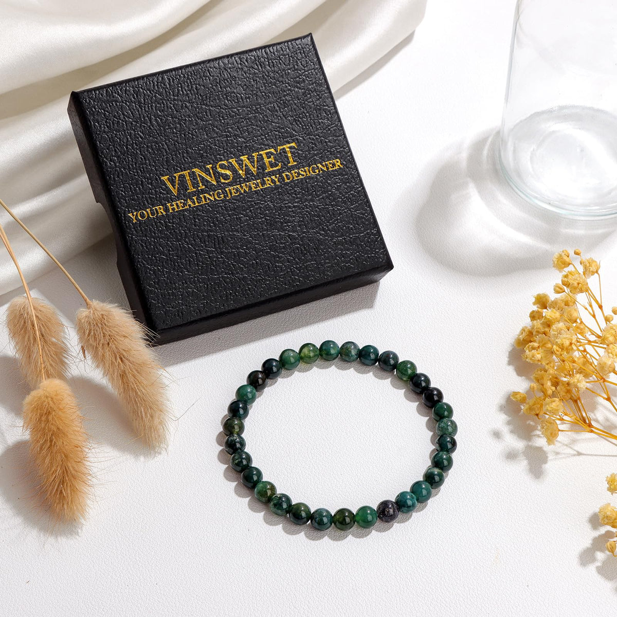 Vinswet Healing Crystal Bracelets for Women Men 6mm Moss Agate Natural Stone Beaded Stretch Bracelet Handmade Gemstone Reiki Spiritual Jewelry Gifts