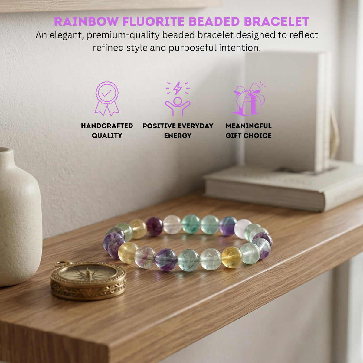 Cherry Tree Collection Rainbow Fluorite Beaded Bracelet – Genuine 8mm Gemstone Stretch Bracelet for Men & Women – Handmade Crystal Bracelet - (Rainbow Fluorite - S)
