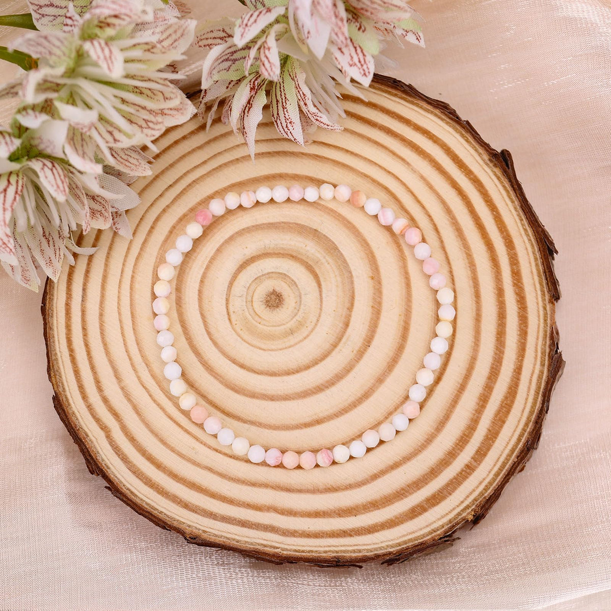 BONNY BOXX Natural Genuine Gemstone Faceted Round Beads Bracelets, 3mm Adjustable Stretchy Tiny Faceted Pink Shell Bracelet, Healing Crystal Reiki Chakra Dainty Jewelry Fashion Gifts