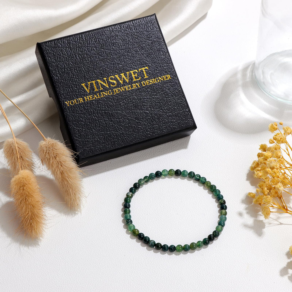 Vinswet Healing Crystal Bracelets for Women Men 4mm Moss Agate Natural Stone Beaded Stretch Bracelet Handmade Gemstone Reiki Spiritual Jewelry Gifts
