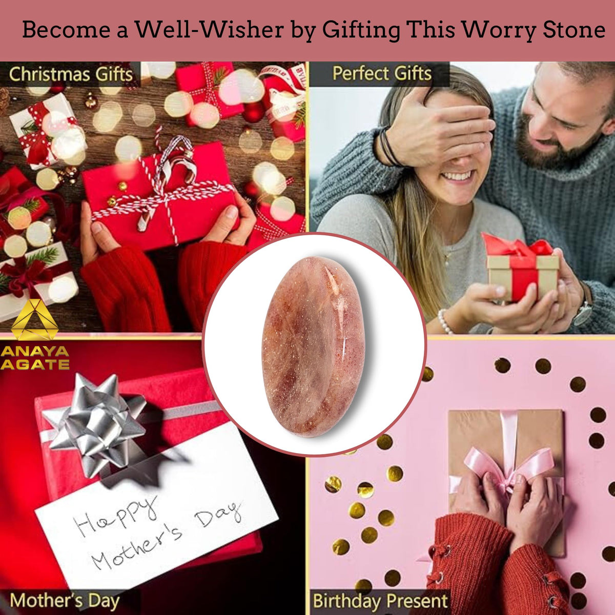 Anaya Agate Strawberry Quartz Worry Stones Certified Crystal Thumb Worry Stone for Anguish Relaxing and Soothing Balance Stones for Meditation, Stress Relief Crystals and Healing Stones for Men, Women